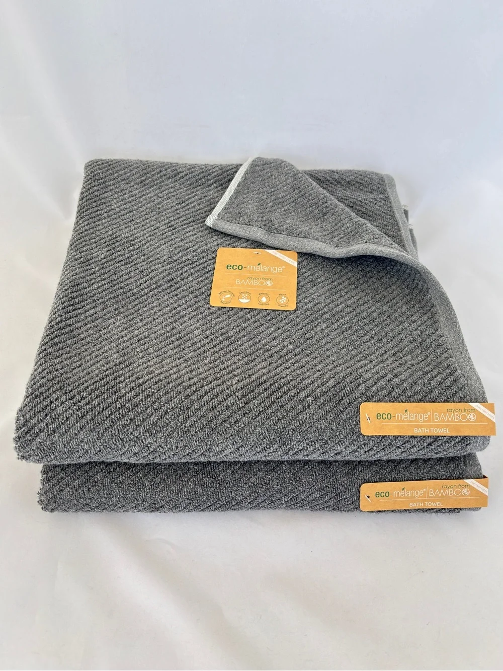 NWT 2Pc Eco-Melange Bamboo Charcoal Grey Bath Towels Diagonal Ribbed Textured